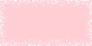 Kalp konfetisi sevgililer günü kaplaması. Beyaz kalpler pembe arka plana saçılmış. Joyfull Heart konfeti vektör çizimi