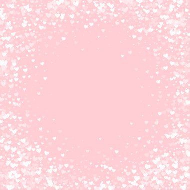 Kalp konfetisi sevgililer günü kaplaması. Beyaz kalpler pembe arka plana saçılmış. Joyfull Heart konfeti vektör çizimi