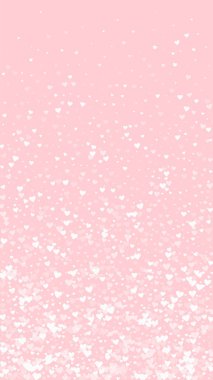 Sevgililer günü kalpleri, uçmak, düşmek, süzülmek. Beyaz kalpler pembe arka plana saçılmış. Sevimli sevgililer günü vektör illüstrasyonu.