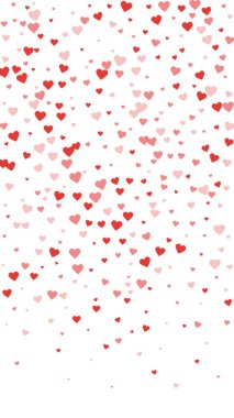 Sevgililer günü kalpleri, uçmak, düşmek, süzülmek. Kırmızı kalpler beyaz arka plana saçılmış. Sevimli sevgililer günü vektör illüstrasyonu.