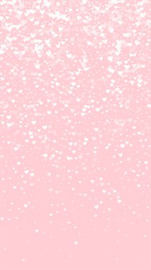 Kalp konfetisi sevgililer günü kaplaması. Beyaz kalpler pembe arka plana saçılmış. Joyfull Heart konfeti vektör çizimi