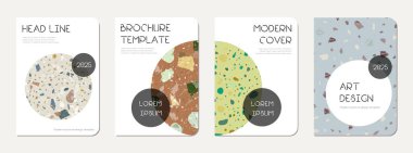 Okul not defteri kapağı tasarımı. Doğal taşlar, granit, kuvars ve mermerden yapılmış terrazzo soyut arka plan. Venedik terrazzo desenli okul not defteri şablonu.