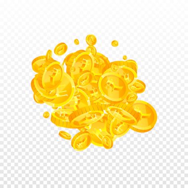 Indian rupee coins falling. Scattered gold INR coins. India money. Great business success concept. Square vector illustration.