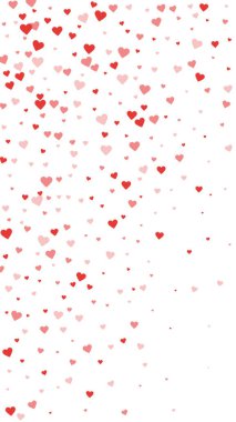 Sevgililer günü kalpleri, uçmak, düşmek, süzülmek. Kırmızı kalpler beyaz arka plana saçılmış. Sevimli sevgililer günü vektör illüstrasyonu.