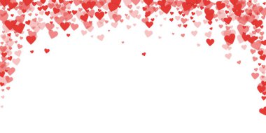 Düşen kalpler sevgililer günü kartı şablonu. Kırmızı kalpler beyaz arka plana saçılmış. Kaotik düşen kalpler vektör illüstrasyonu.