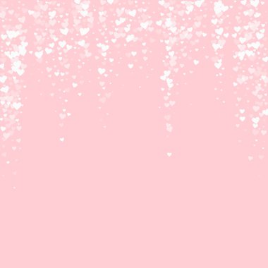 Serpiştirilmiş kalpler sevgililer günü şablonu. Beyaz kalpler pembe arka plana saçılmış. Kutlama serpiştirilmiş kalp vektör illüstrasyonu.