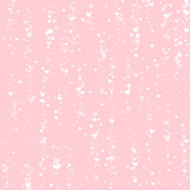 Serpiştirilmiş kalpler sevgililer günü şablonu. Beyaz kalpler pembe arka plana saçılmış. Kutlama serpiştirilmiş kalp vektör illüstrasyonu.