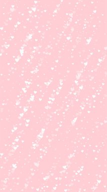 Düşen kalpler sevgililer günü kartı şablonu. Beyaz kalpler pembe arka plana saçılmış. Kaotik düşen kalpler vektör illüstrasyonu.