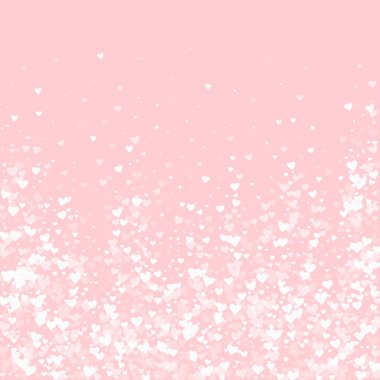 Sevgililer günü kalpleri, uçmak, düşmek, süzülmek. Beyaz kalpler pembe arka plana saçılmış. Sevimli sevgililer günü vektör illüstrasyonu.