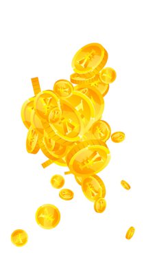 Chinese yuan coins falling. Scattered gold CNY coins. China money. Great business success concept. Vector illustration.