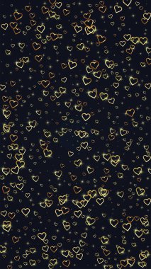 Düşen kalpler sevgililer günü kartı şablonu. Siyah arka plana saçılmış altın kalpler. Kaotik düşen kalpler vektör illüstrasyonu.