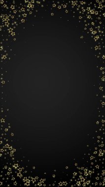 Parıldayan yıldızlar rastgele dağılmış, uçuyor, düşüyor, yüzüyor. Noel kutlaması kavramı. Siyah arkaplanda kutlama yıldızları vektör çizimi.