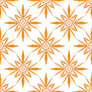 Yeşil geometrik sembolün suluboya sınırı. Turuncu güzel boho şık yaz tasarımı. Sembol suluboya deseni. Tekstil hazır, mayo, kumaş, duvar kağıdı, ambalaj..