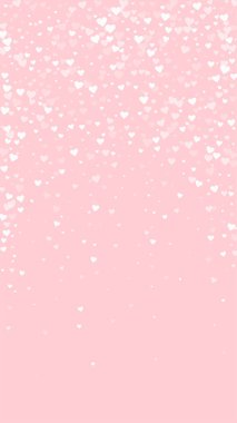 Serpiştirilmiş kalpler sevgililer günü şablonu. Beyaz kalpler pembe arka plana saçılmış. Kutlama serpiştirilmiş kalp vektör illüstrasyonu.