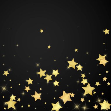 Sihirli yıldızlar vektör kaplaması. Altın yıldızlar rasgele etrafa saçılmış, düşüyor, yüzüyor. Kaotik rüya gibi çocuksu bir şablon. Siyah arka planda sihirli yıldızlı büyüleyici vektör.