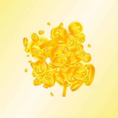 Chinese yuan coins falling. Scattered gold CNY coins. China money. Jackpot wealth or success concept. Square vector illustration.