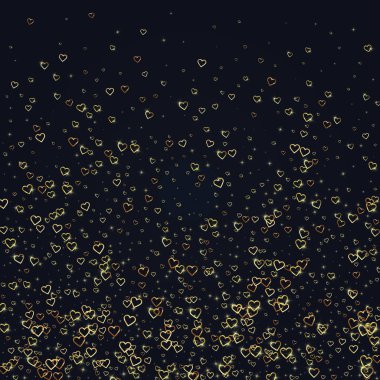 Sevgililer günü kalpleri, uçmak, düşmek, süzülmek. Siyah arka plana saçılmış altın kalpler. Sevimli sevgililer günü vektör illüstrasyonu.