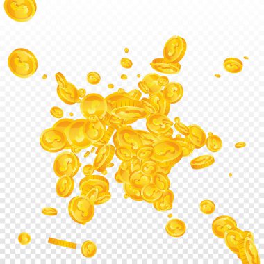 American dollar coins falling. Scattered gold USD coins. USA money. Global financial crisis concept. Square vector illustration.