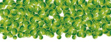 B12 vitamini pasaklı yuvarlak haplar. Güzellik ve beslenme cilt bakımı. Temel vitamin vektör illüstrasyonu. Refah kavramı.