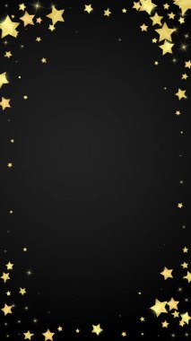 Sihirli yıldızlar vektör kaplaması. Altın yıldızlar rasgele etrafa saçılmış, düşüyor, yüzüyor. Kaotik rüya gibi çocuksu bir şablon. Siyah arkaplanda mucizevi yıldızlı gece vektörü.