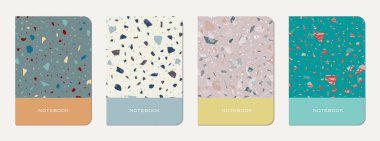 Not defteri kapağı tasarımı. Doğal taşlar, granit, kuvars ve mermerden yapılmış terrazzo soyut arka plan. Venedik terrazzo doku dizüstü bilgisayar kapağı şablonu.
