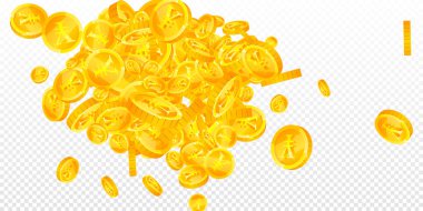Chinese yuan coins falling. Scattered gold CNY coins. China money. Great business success concept. Wide vector illustration.