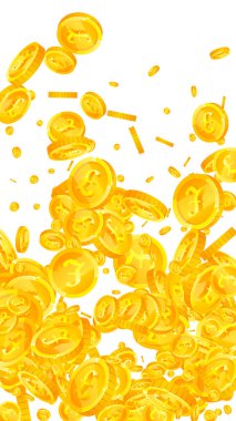 British pound coins falling. Scattered gold GBP coins.  United Kingdom money. Global financial crisis concept. Vector illustration.
