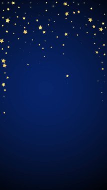 Sihirli yıldızlar vektör kaplaması. Altın yıldızlar rasgele etrafa saçılmış, düşüyor, yüzüyor. Kaotik rüya gibi çocuksu bir şablon. Koyu mavi arkaplanda vektör masalı.