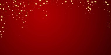 Sihirli yıldızlar vektör kaplaması. Altın yıldızlar rasgele etrafa saçılmış, düşüyor, yüzüyor. Kaotik rüya gibi çocuksu bir şablon. Kırmızı arkaplanda büyülü karikatür gece gökyüzü.