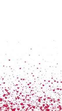 Sevgililer günü kalpleri, uçmak, düşmek, süzülmek. Kırmızı kalpler beyaz arka plana saçılmış. Sevimli sevgililer günü vektör illüstrasyonu.