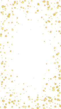 Sihirli yıldızlar vektör kaplaması. Altın yıldızlar rasgele etrafa saçılmış, düşüyor, yüzüyor. Kaotik rüya gibi çocuksu bir şablon. Beyaz arkaplanda mucizevi yıldızlı gece vektörü.