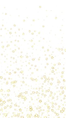 Altın parıldayan yıldız konfetisi. Kaotik rüya gibi çocuksu bir şablon. Beyaz arkaplanda şenlikli yıldız vektör çizimi.