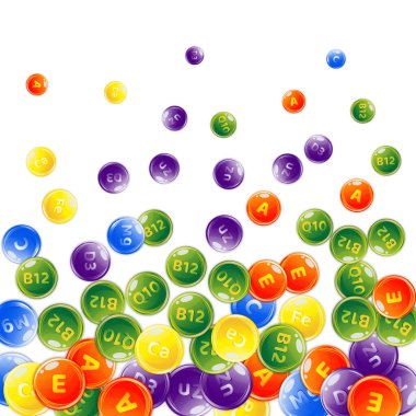 Vitamin ve mineral kompleksi. Multivitamin takviyesi. Renkli, dağınık haplar. Güzellik ve beslenme cilt bakımı. Sağlıklı yaşam konsepti. Tıbbi ve bilimsel geçmiş. 