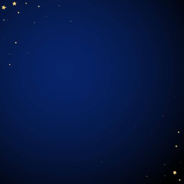 Sihirli yıldızlar vektör kaplaması. Altın yıldızlar rasgele etrafa saçılmış, düşüyor, yüzüyor. Kaotik rüya gibi çocuksu bir şablon. Koyu mavi arkaplanda vektör masalı.