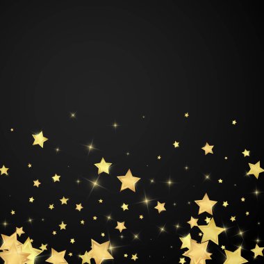 Sihirli yıldızlar vektör kaplaması. Altın yıldızlar rasgele etrafa saçılmış, düşüyor, yüzüyor. Kaotik rüya gibi çocuksu bir şablon. Siyah arkaplanda vektör peri masalı.