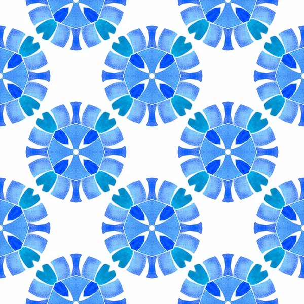 Tekstil hazır enerjik baskı, mayo kumaş, duvar kağıdı, ambalaj. Mavi sevimli boho şık yaz tasarımı. Suluboya yaz etnik sınır düzeni. Etnik el boyası desen.