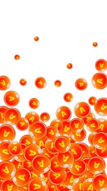 A vitamini yuvarlak kapsülleri rastgele dağılmış. Güzellik ve beslenme cilt bakımı. Sağlıklı yaşam konsepti. Tıbbi ve bilimsel geçmiş. 