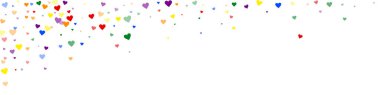 Kalp konfetisi sevgililer günü kaplaması. Gökkuşağı renkli dağınık kalpler. LGBT sevgililer günü kartı. Joyfull Heart konfeti vektör çizimi