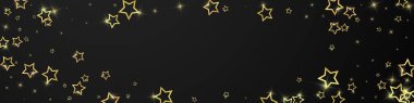 Parıldayan yıldızlar rastgele dağılmış, uçuyor, düşüyor, yüzüyor. Noel kutlaması kavramı. Siyah arkaplanda kutlama yıldızları vektör çizimi.