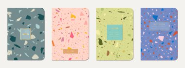 Not defteri kapağı tasarımı. Doğal taşlar, granit, kuvars ve mermerden yapılmış terrazzo soyut arka plan. Venedik terrazzo dokusu şablonu.