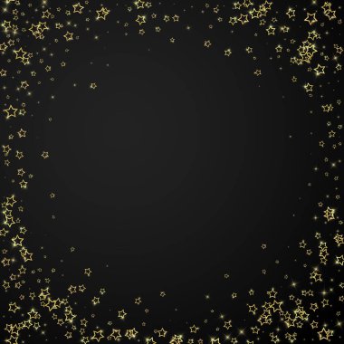 Parıldayan yıldızlar rastgele dağılmış, uçuyor, düşüyor, yüzüyor. Noel kutlaması kavramı. Siyah arkaplanda kutlama yıldızları vektör çizimi.