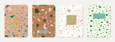 Broşür kapağı tasarımı. Doğal taşlar, granit, kuvars ve mermerden yapılmış terrazzo soyut arka plan. Venedik Terrazzo Doku Broşürü.