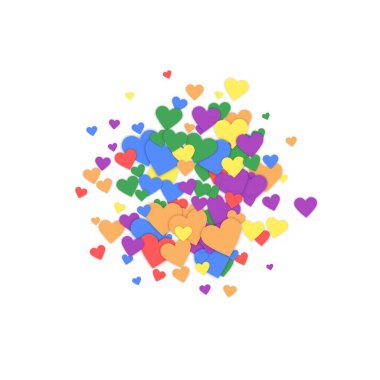 Sevgililer günü kalpleri, uçmak, düşmek, süzülmek. Gökkuşağı renkli dağınık kalpler. LGBT sevgililer günü kartı. Sevimli sevgililer günü vektör illüstrasyonu.
