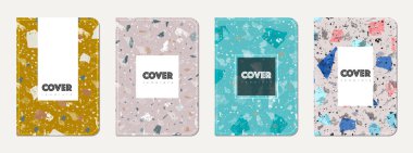 Not defteri kapağı tasarımı. Doğal taşlar, granit, kuvars ve mermerden yapılmış terrazzo soyut arka plan. Venedik terrazzo dokusu şablonu.