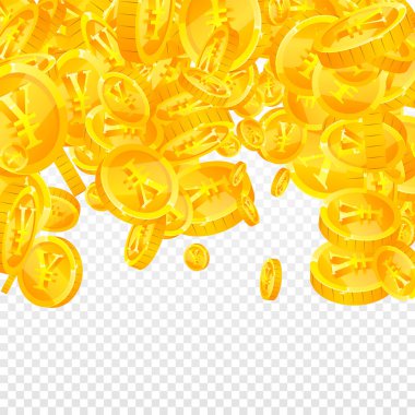 Chinese yuan coins falling. Scattered gold CNY coins. China money. Global financial crisis concept. Square vector illustration.
