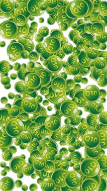 Q10 vitamini yuvarlak kapsülleri rastgele dağılmış. Güzellik ve beslenme cilt bakımı. Temel vitamin vektör illüstrasyonu. Refah kavramı.