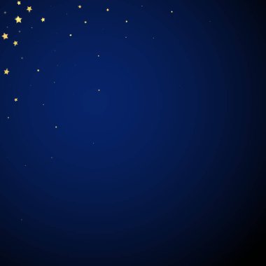 Sihirli yıldızlar vektör kaplaması. Altın yıldızlar rasgele etrafa saçılmış, düşüyor, yüzüyor. Kaotik rüya gibi çocuksu bir şablon. Koyu mavi arkaplanda büyülü bir karikatür gece gökyüzü.