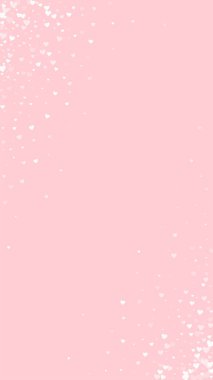 Serpiştirilmiş kalpler sevgililer günü şablonu. Beyaz kalpler pembe arka plana saçılmış. Kutlama serpiştirilmiş kalp vektör illüstrasyonu.