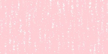 Düşen kalpler sevgililer günü kartı şablonu. Beyaz kalpler pembe arka plana saçılmış. Kaotik düşen kalpler vektör illüstrasyonu.