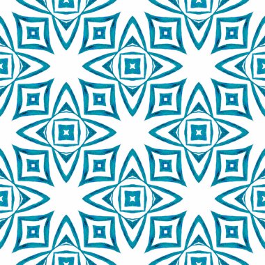Madalyon pürüzsüz desen. Mavi parlak boho şık yaz tasarımı. Suluboya madalyonu, kusursuz sınır. Tekstil hazır hassas baskı, mayo kumaş, duvar kağıdı, ambalaj..